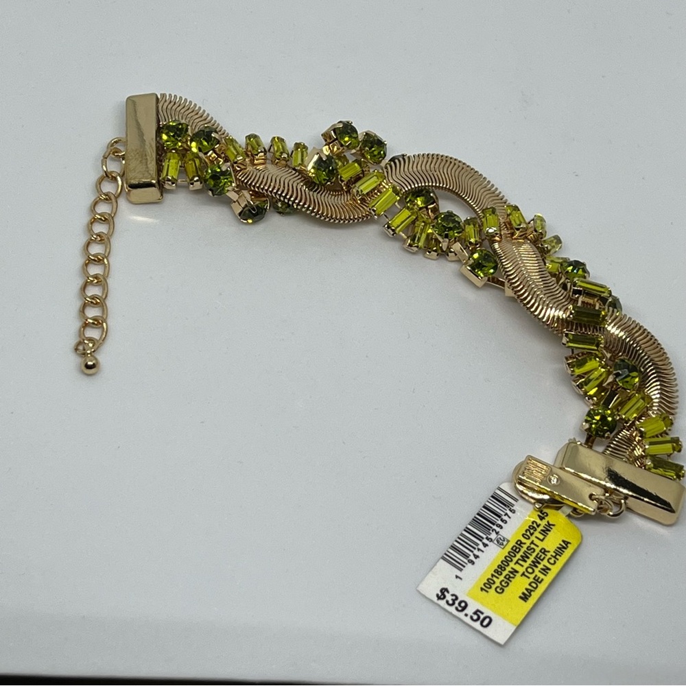 International Concepts Crystal & Snake Chain Twisted Flex Gold & Green Bracelet